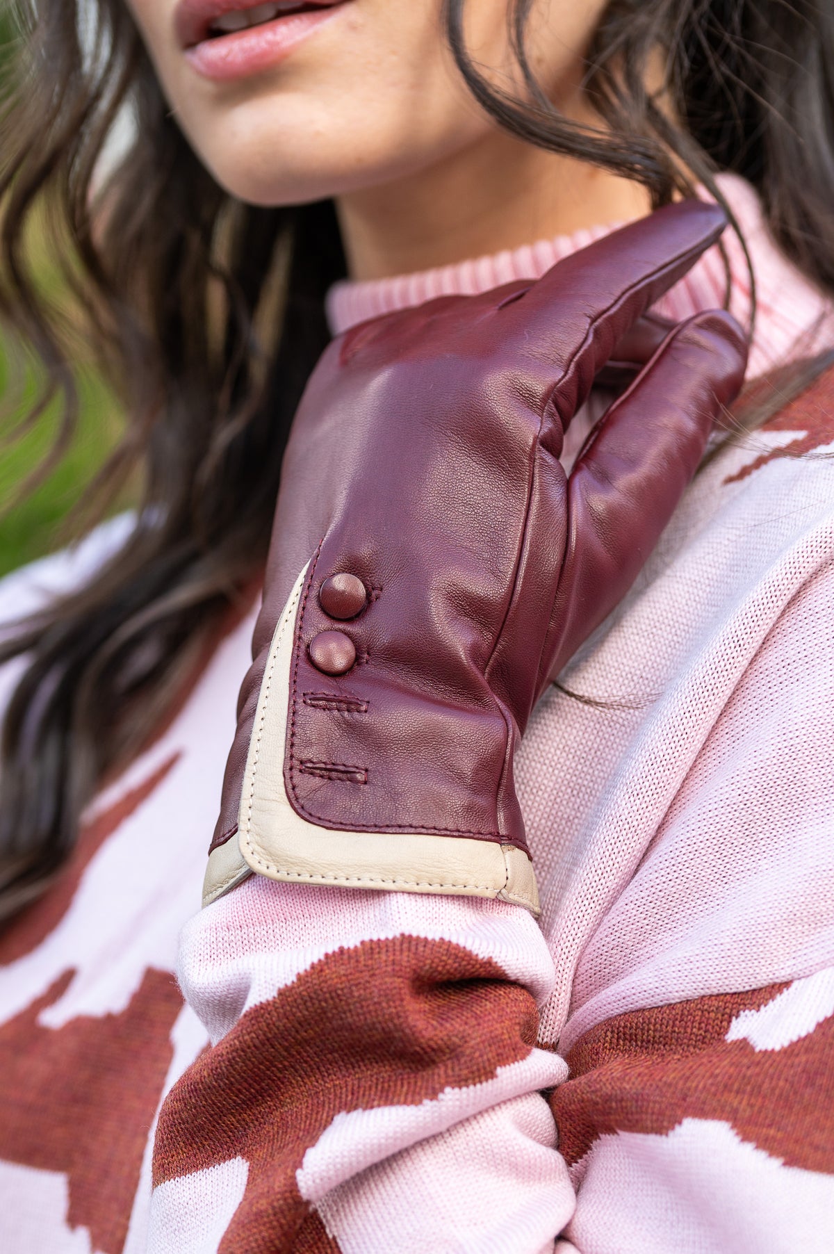 Paula Rowan Maya 2 Bordeaux leather fur lined gloves
