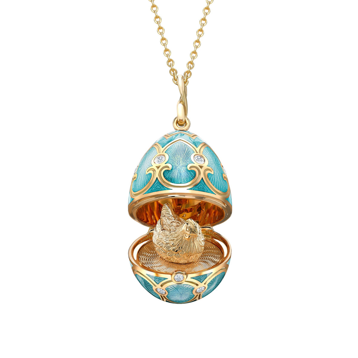 Fabergé Heritage Yellow Gold Diamond & Turquoise Guilloché Enamel Hen Surprise Locket