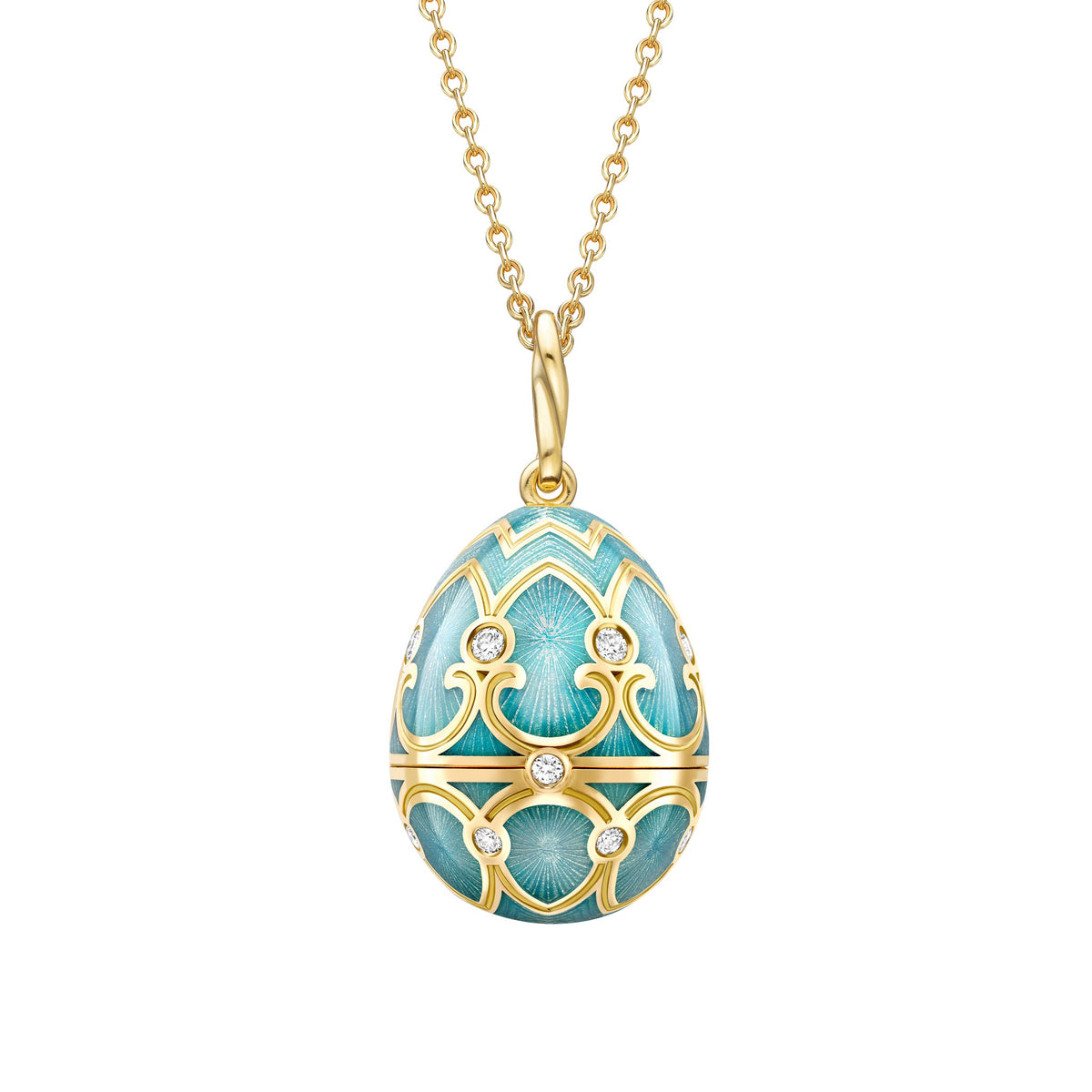 Fabergé Heritage Yellow Gold Diamond & Turquoise Guilloché Enamel Hen Surprise Locket